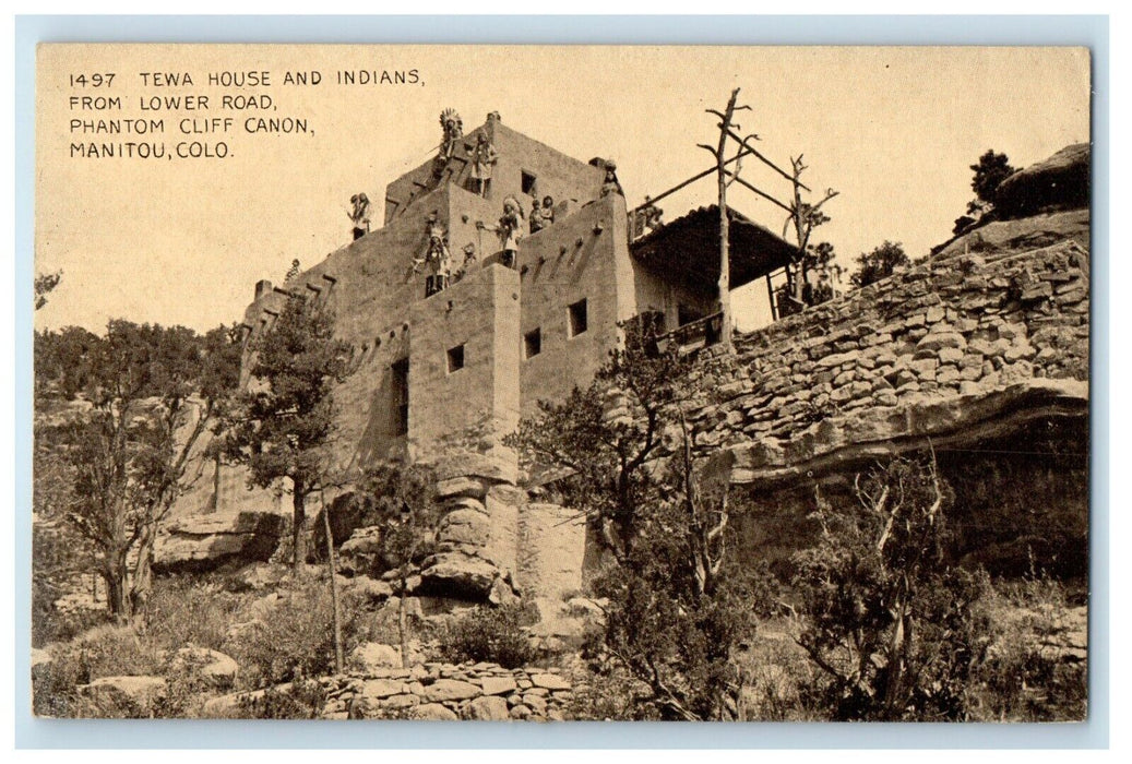 Tewa House And Indians From Lower Road Phantom Cliff Canon Manitou CO Postcard