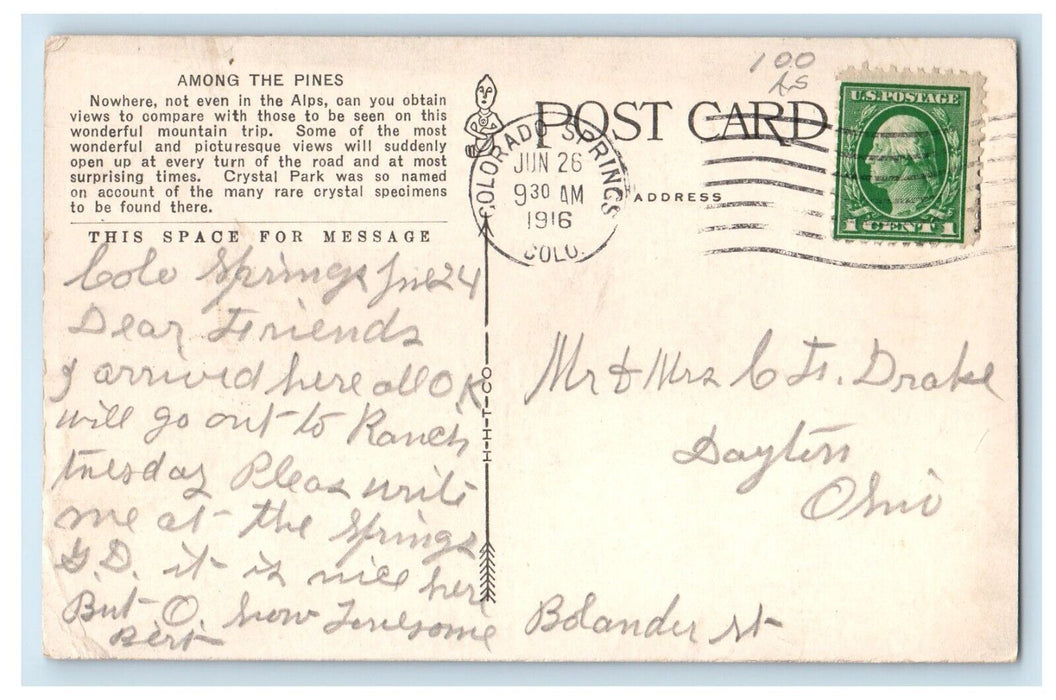 1916 Among The Pines Crystal Park Auto Trip Car Manitou Colorado CO Postcard