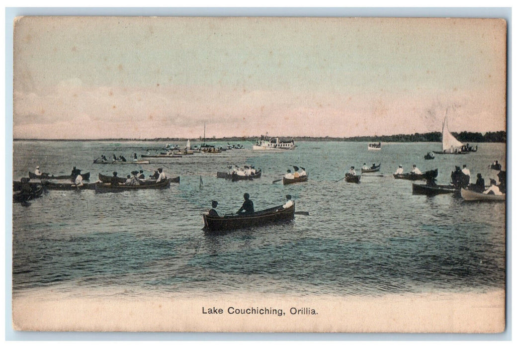 c1910 Boat Canoe, Steamboat, Lake Couchiching Orillia Ontario Canada Postcard