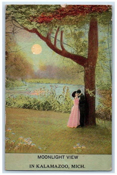 1912 Moonlight View In Kalamazoo MI, Sweet Couple Kissing Bamforth Postcard