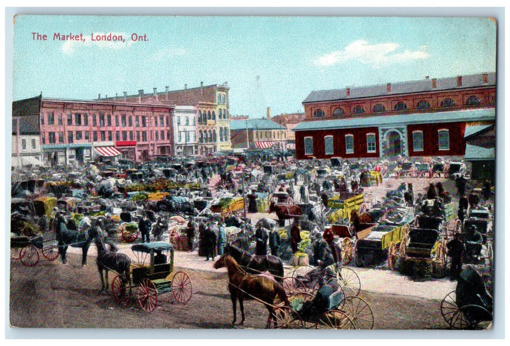 c1910 Busy Scene at The Market, Horse Carriage London Ontario Canada Postcard