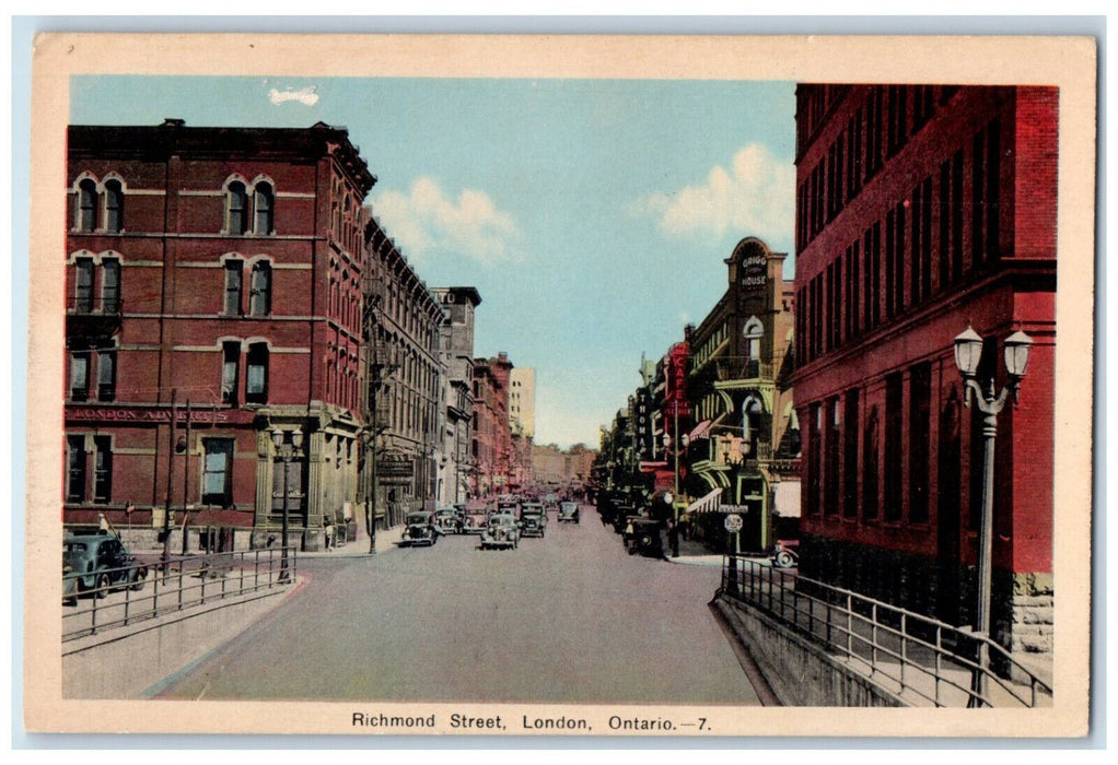 c1950s Cafe, Adverts, Grigg House Richmond Street London Ontario Canada Postcard