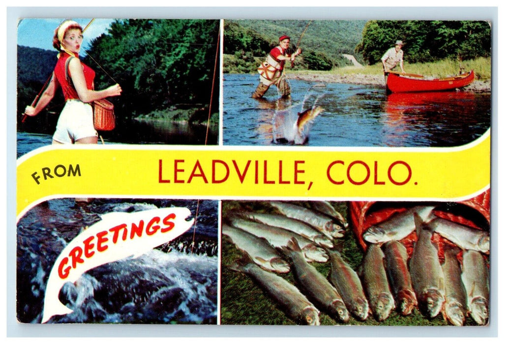1964 Greetings From Leadville Colorado CO , Fishing Boat Fishes Banner Postcard