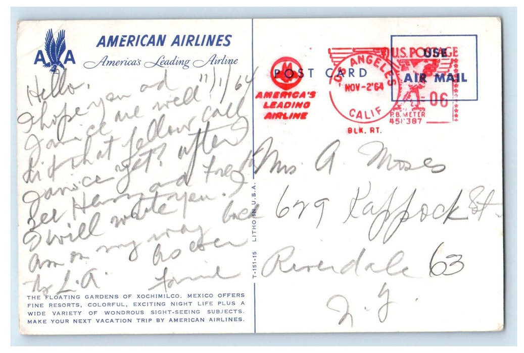 1964 American Airlines The Floating Gardens Of Xochimilco Mexico Posted Postcard