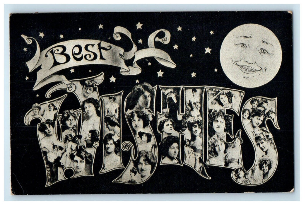 1908 Best Wishes Anthropomorphic Moon Face Stars Edgerton Ohio OH Postcard