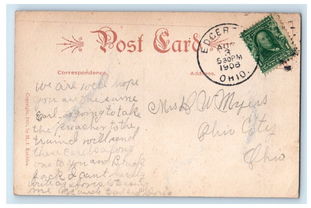 1908 Best Wishes Anthropomorphic Moon Face Stars Edgerton Ohio OH Postcard