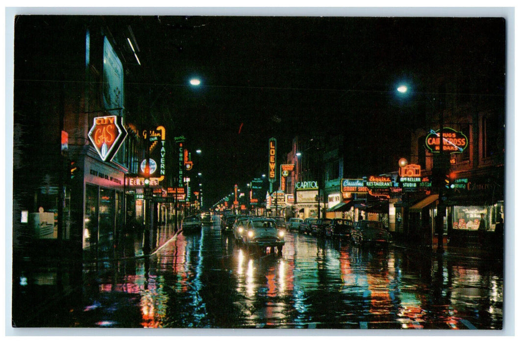 c1960s Gas, Camera Studio, Restaurant Shoes, Dundas St. at Night Canada Postcard