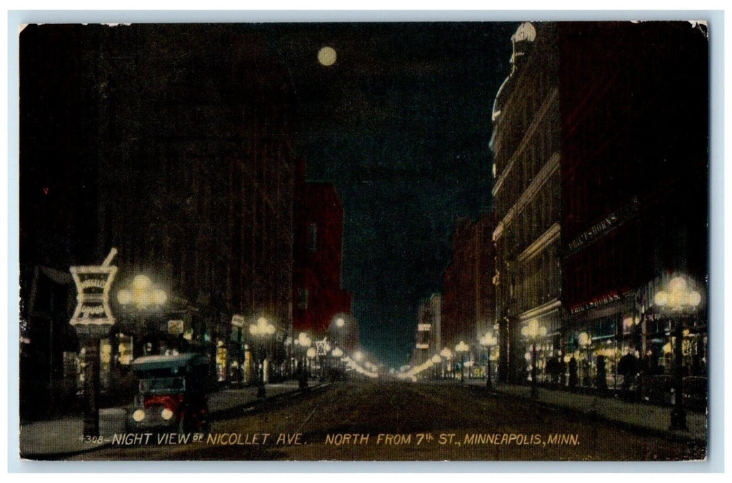 1912 Night View Nicollet Ave North Seventh St Minneapolis Minnesota MN Postcard