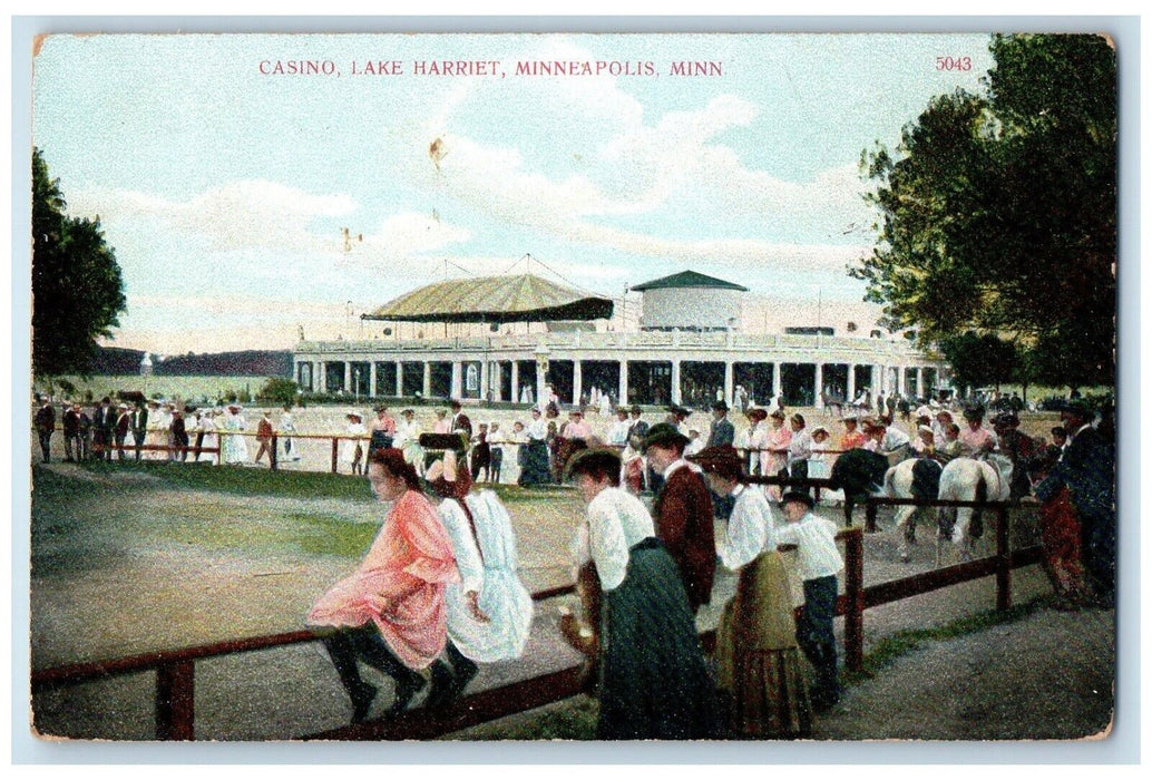 1911 Casino Lake Harriet Horses Crowded Minneapolis Minnesota Antique Postcard