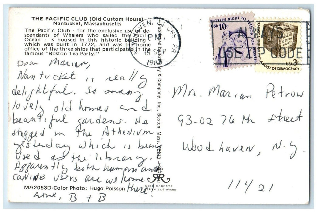 1984 Old Pacific Club Nantucket Massachusetts MA New Haven Connecticut Postcard