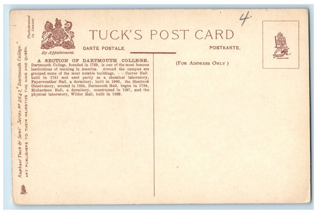 c1910 Section of Dartmouth College Hanover New Hampshire NH Tuck's Postcard