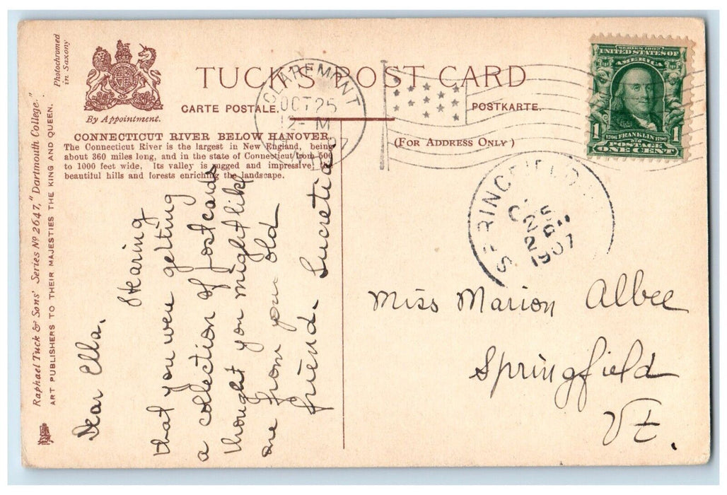 1907 Connecticut River below Hanover Claremont New Hampshire NH Tuck's Postcard