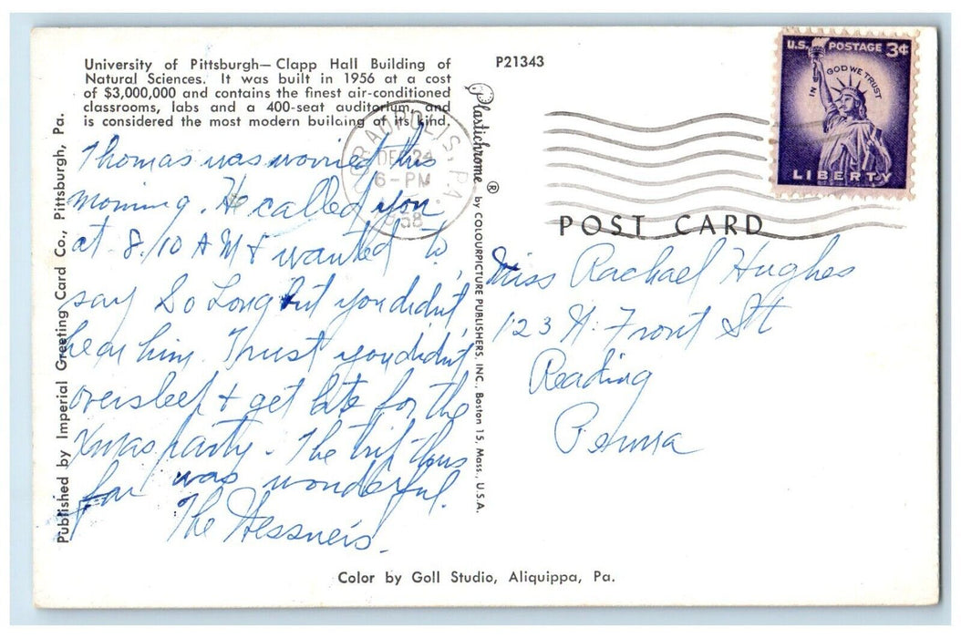 1958 University Pittsburgh Clapp Hall Building Pennsylvania PA Vintage Postcard