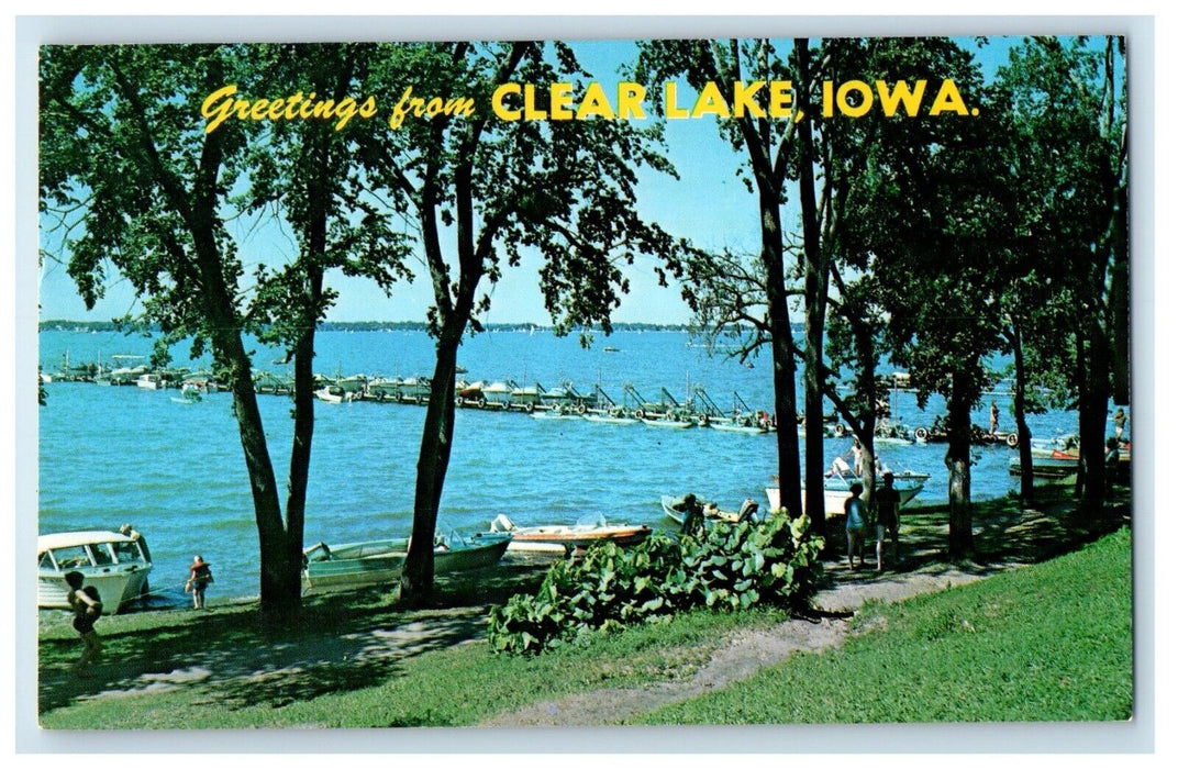 Greetings From Clear Lake Iowa IA, Sunset Bay Boat View Vintage Postcard