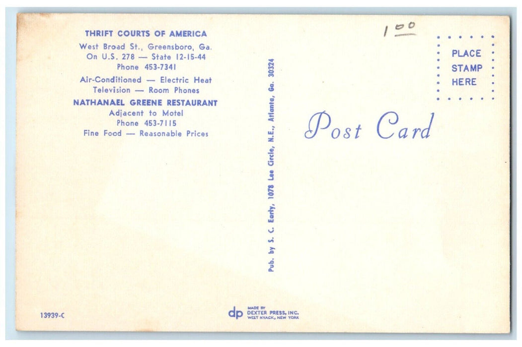 Thift Courts of America And Nathanael Green Restaurant Greensboro GA Postcard