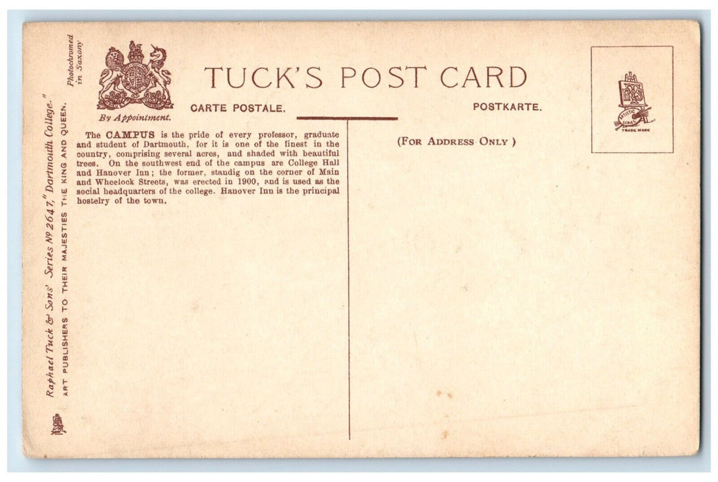 c1910 Campus Hall Inn Dartmouth College Hanover New Hampshire NH Tuck's Postcard