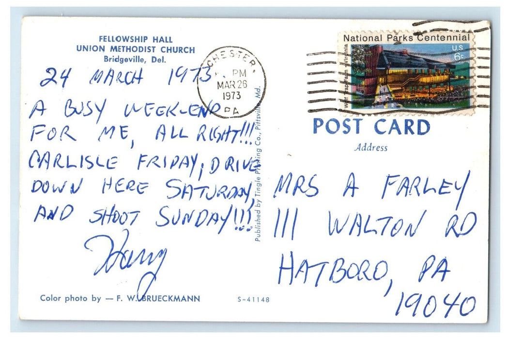 1973 Fellowship Hall Union Methodist Church Bridgeville Delaware DE Postcard