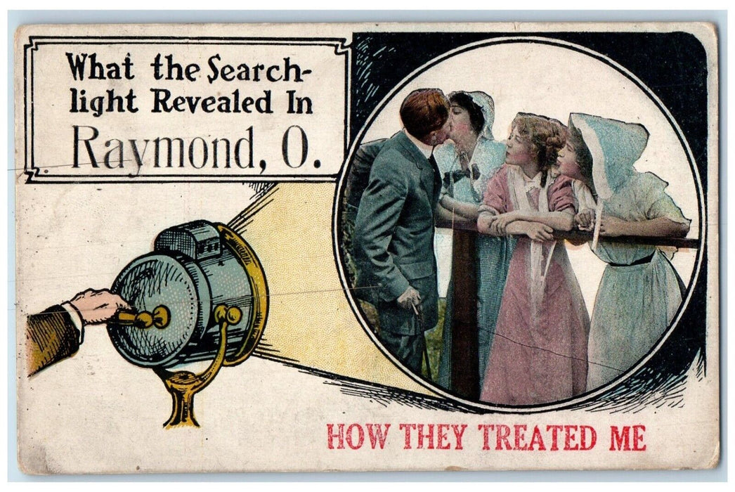 1916 Raymond Ohio OH, Couple Kissing Two Girls, What The Search Light Postcard