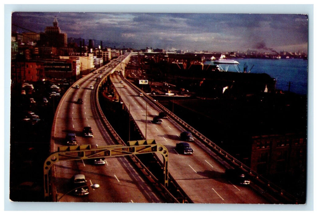 Seattle Washington WA, At The Sunset On Alaska Way Viaduct Hwy Cars Postcard