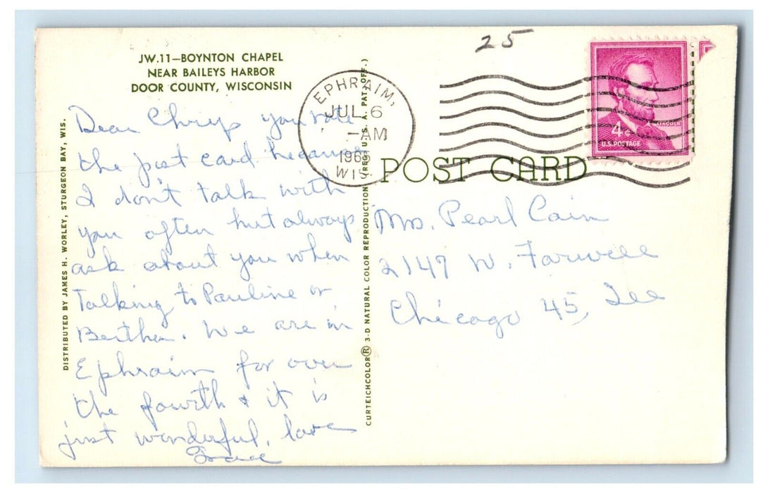 1965 Boynton Chapel Near Bailey's Harbor Door County Wisconsin WI Postcard