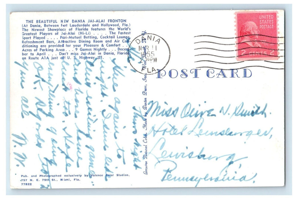 1955 New Dania Jai-Alai Fronton Fr. Lauderdale Hollywood Florida FL Postcard