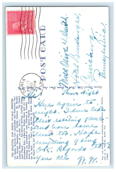 1955 New Dania Jai-Alai Fronton Fr. Lauderdale Hollywood Florida FL Postcard
