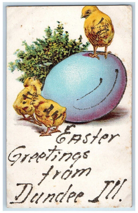 c1910's Easter Greetings From Dundee Illinois IL, Egg Chicks Glitter Postcard