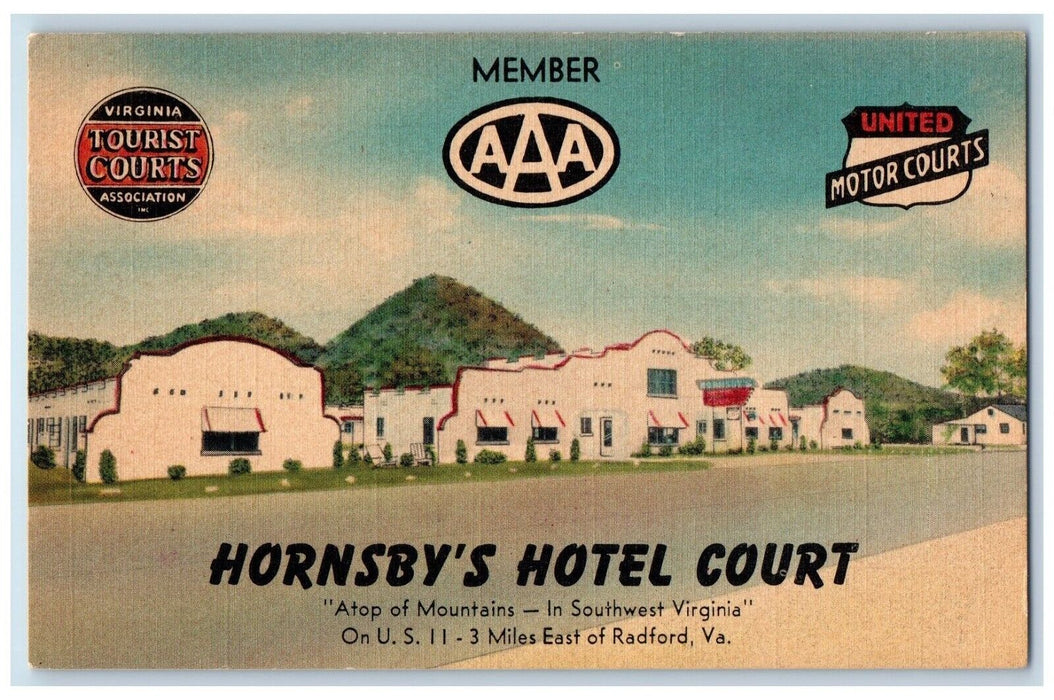 1953 Hornsby's Hotel Court Atop Of Mountains Radford Virginia VA Postcard