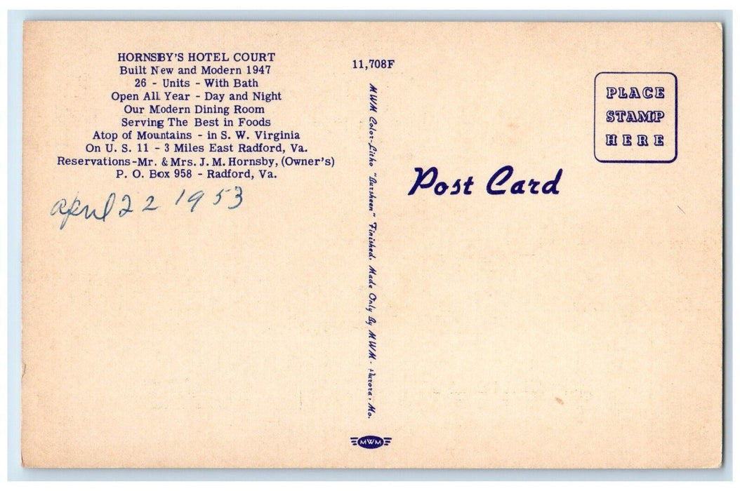 1953 Hornsby's Hotel Court Atop Of Mountains Radford Virginia VA Postcard