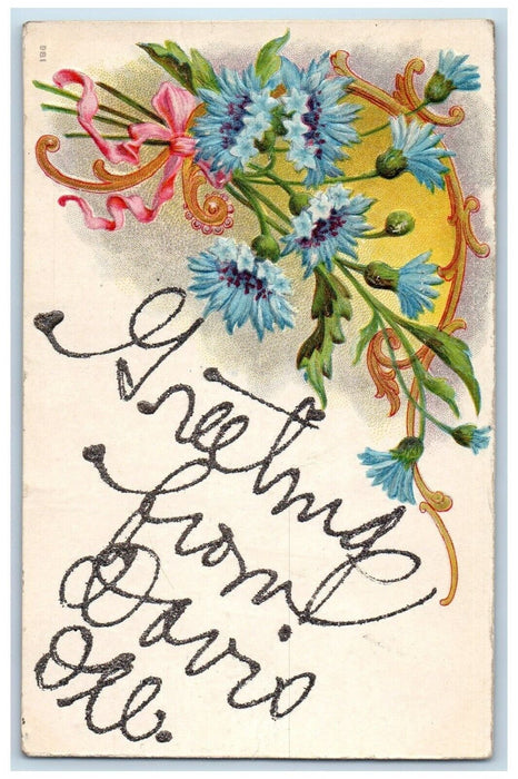 1911 Greetings From Davis Illinois IL, Flowers Glitter Embossed Antique Postcard