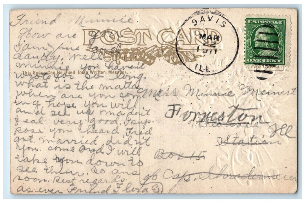 1911 Greetings From Davis Illinois IL, Flowers Glitter Embossed Antique Postcard