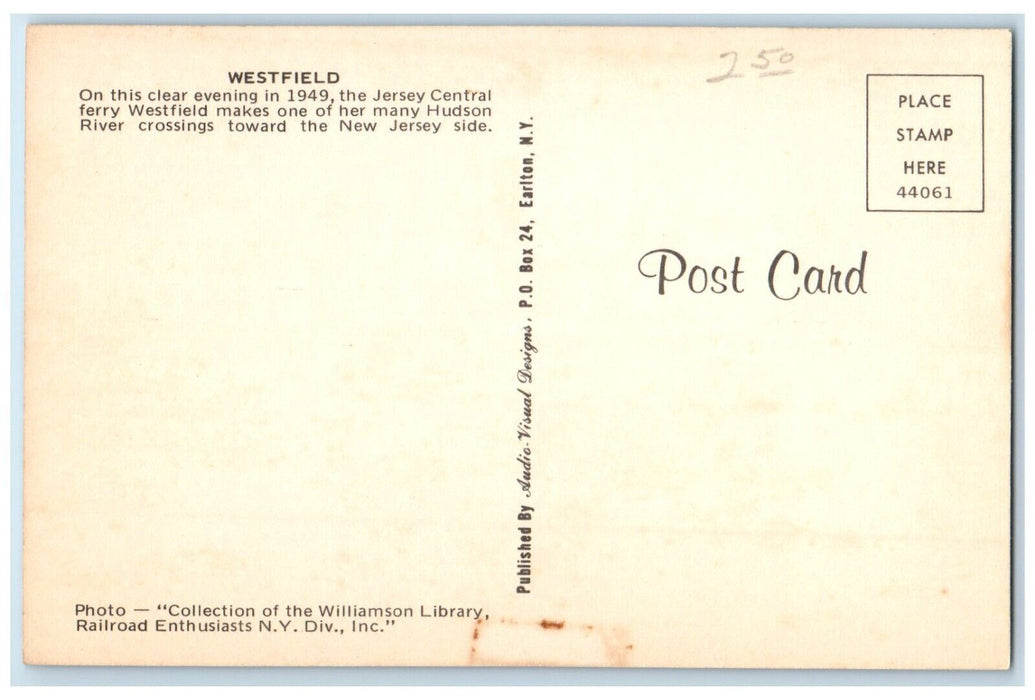 1960 Westfield Jersey Central Ferry Cruise Ship Hudson River New Jersey Postcard