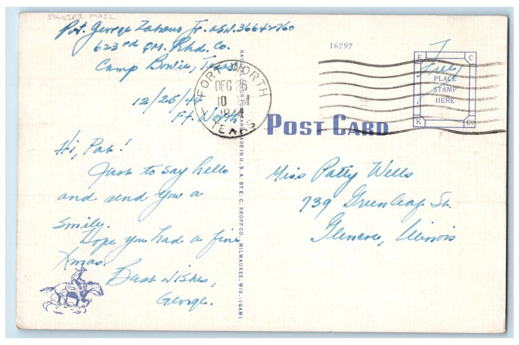 1944 Texas Horned Toad Smoking Cigarette Forth Worth TX Soldier Mail Postcard