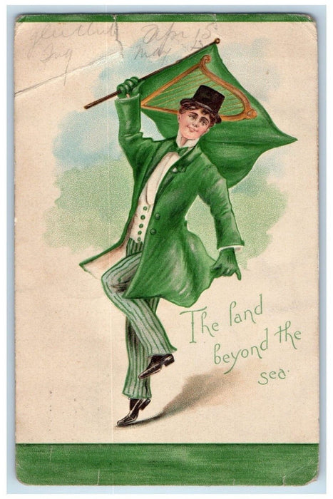 1910 St. Patrick's Day Man Holding Flag Harp Embossed Chicago IL Posted Postcard