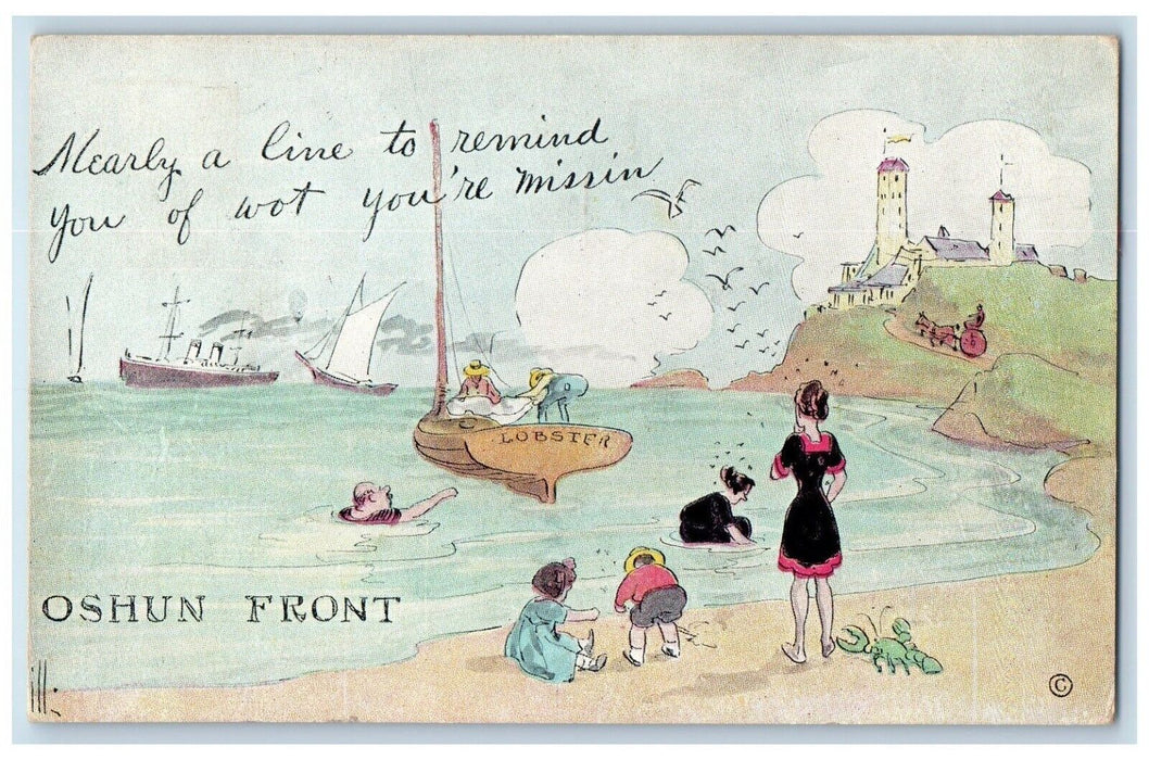 1914 Oshun Front Ship Sailboat Lobster Children Playing Arnolds Park IA Postcard