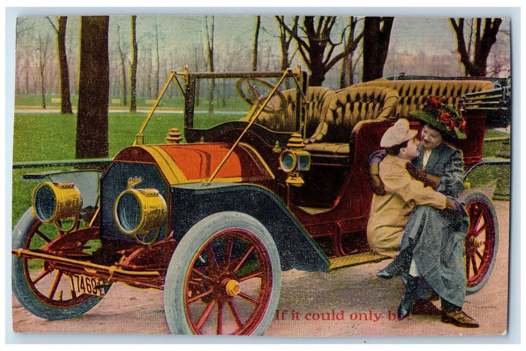 c1910's Sweet Couple Romance Car Cadillac At The Park Trees Antique Postcard