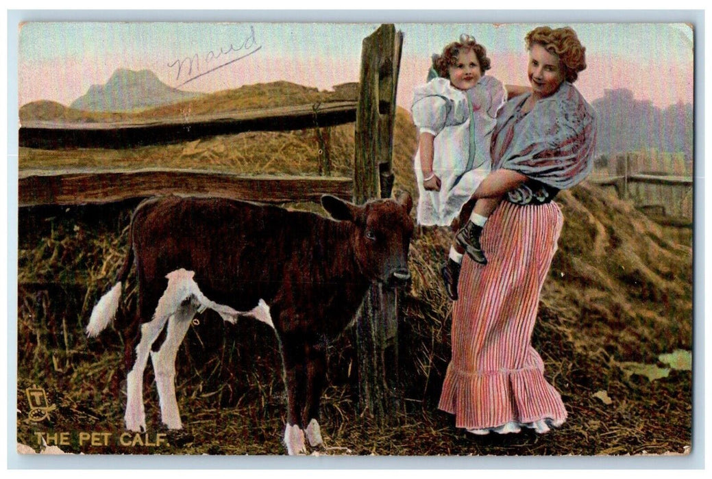 c1910's The Pet Calf Mother And Daughter Fence Tuck's Crowley Texas TX Postcard