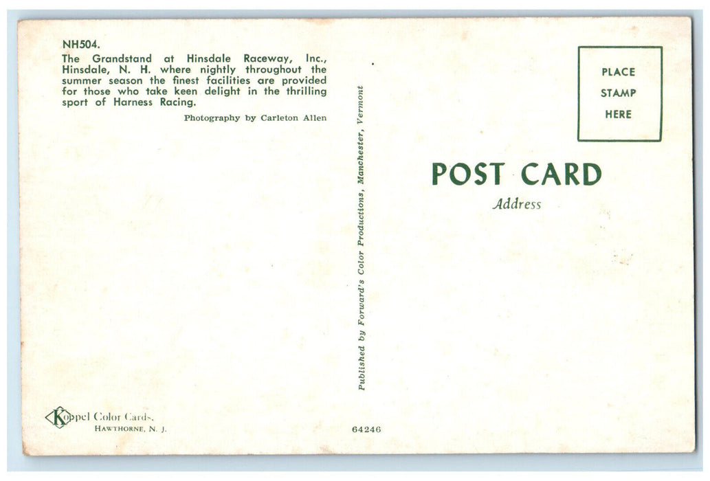 c1950's The Grandstand Hinsdale Raceway Inc Hinsdale New Hampshire NH Postcard