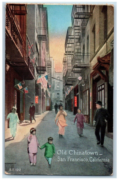 c1910's Old Chinatown Flags Moonlight San Francisco California CA Postcard