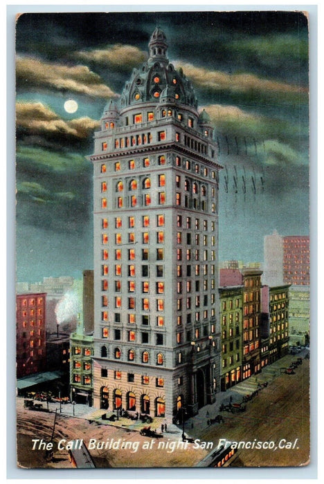 1909 The Call Building At Night Moon At San Francisco California CA Postcard