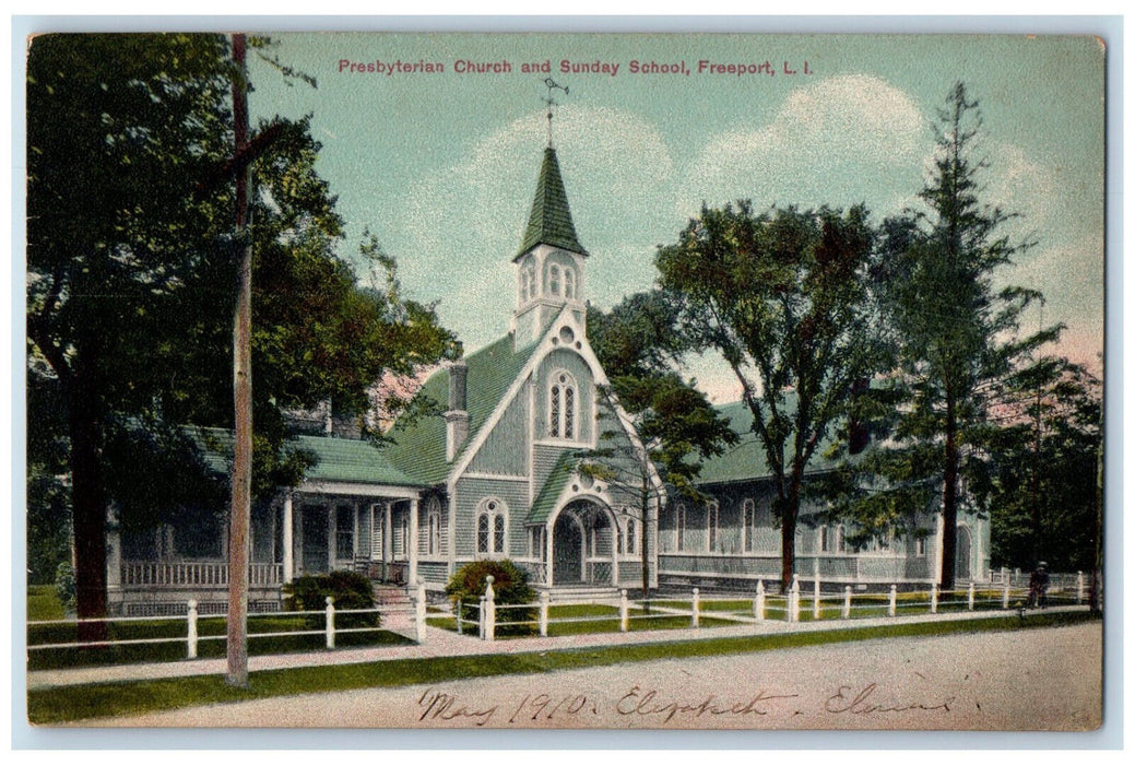 c1910 Presbyterian Church and Sunday School Freeport Long Island NY Postcard