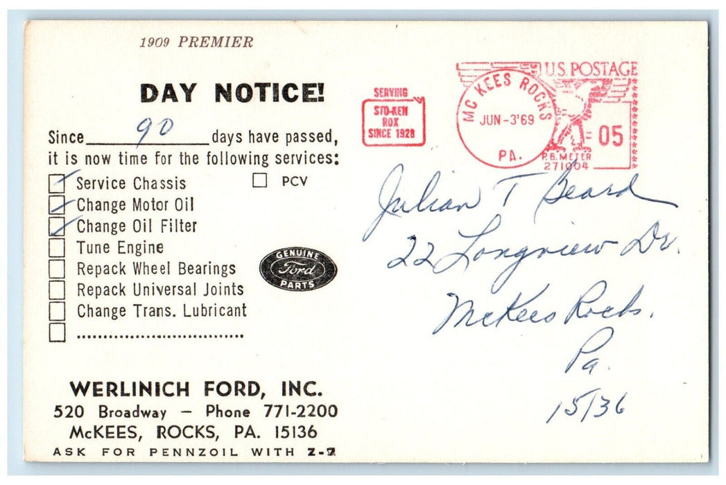 c1960 We1linich Ford Inc McKees Rocks Advertising Pennsylvania Antique Postcard