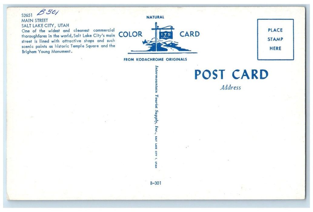c1960 Main Street Road Buildings Temple Square Salt Lake City Utah UT  Postcard