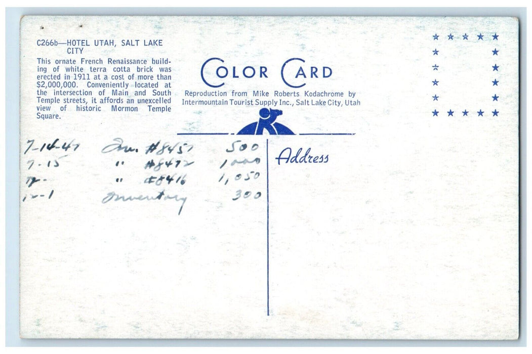 c1960 Hotel Utah Ornate French Renaissance Salt Lake City Utah Antique Postcard