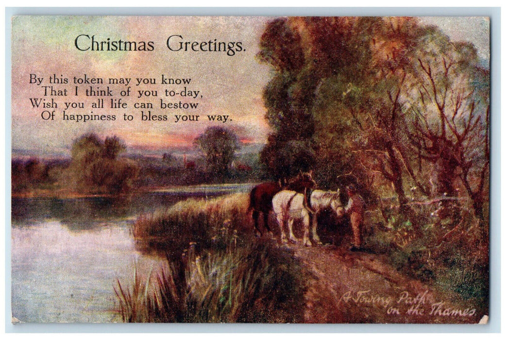 c1910 Path on the Thames, Horses, Christmas Greetings, Oilette Tuck Art Postcard