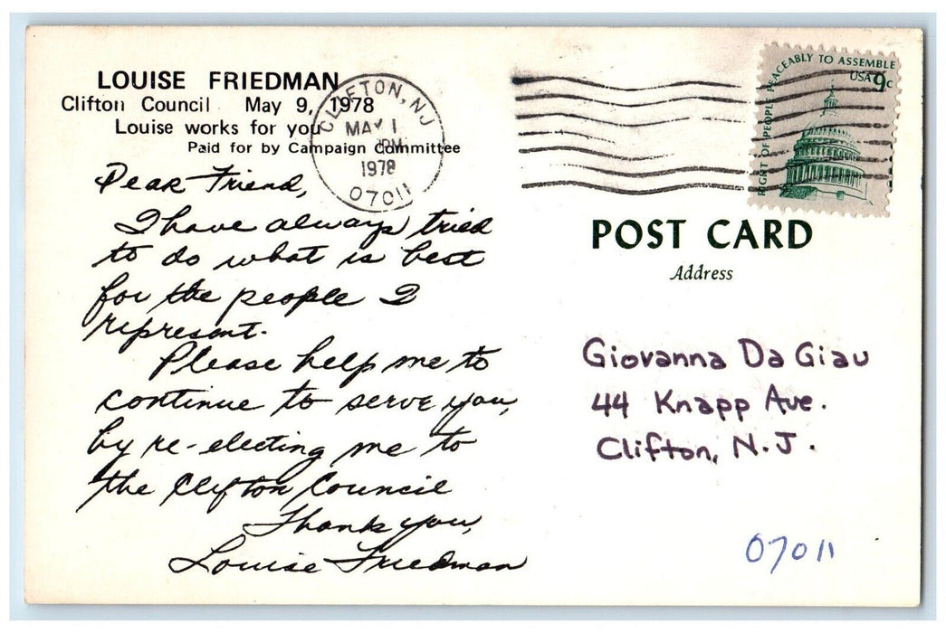 1978 Louise Friedman Advertising Clifton New Jersey NJ Vintage Antique Postcard