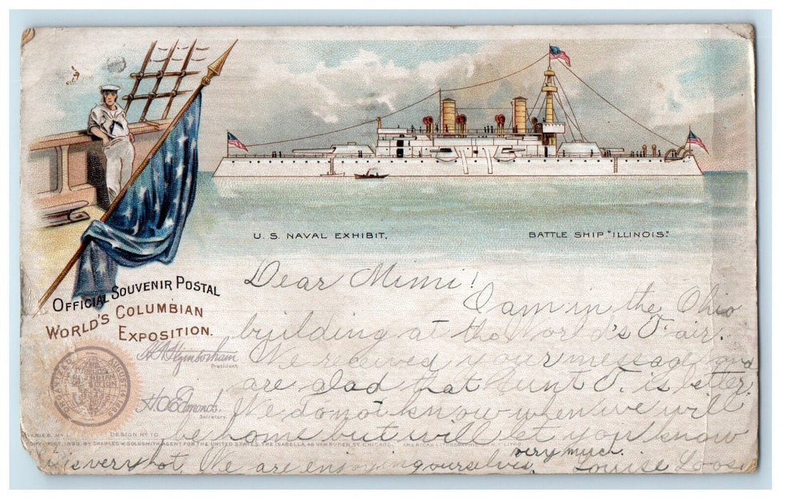 1893 Columbian Exposition US Naval Exhibit Battleship Illinois Posted Postcard