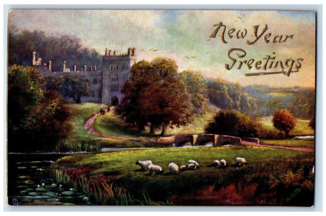 c1910 Bridge, Haddon Hall New Year Greetings Embossed Oilette Tuck Art Postcard