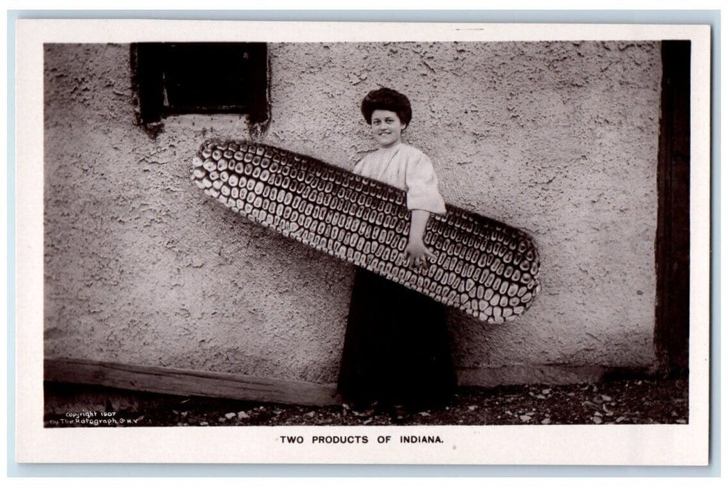 c1907 Two Products Of Indiana Woman Exaggerated Corn  RPPC Photo Postcard