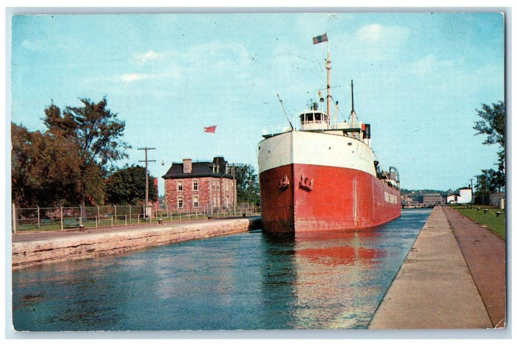 1957 Freight Boat Canadian Locks Sault Ste Marie Ontario Canada Vintage Postcard